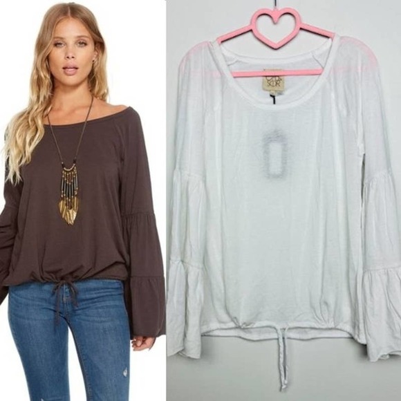 Chaser NWT Vintage Jersey Boatneck Bell Sleeve Drawstring Top White Size Medium - Picture 1 of 6